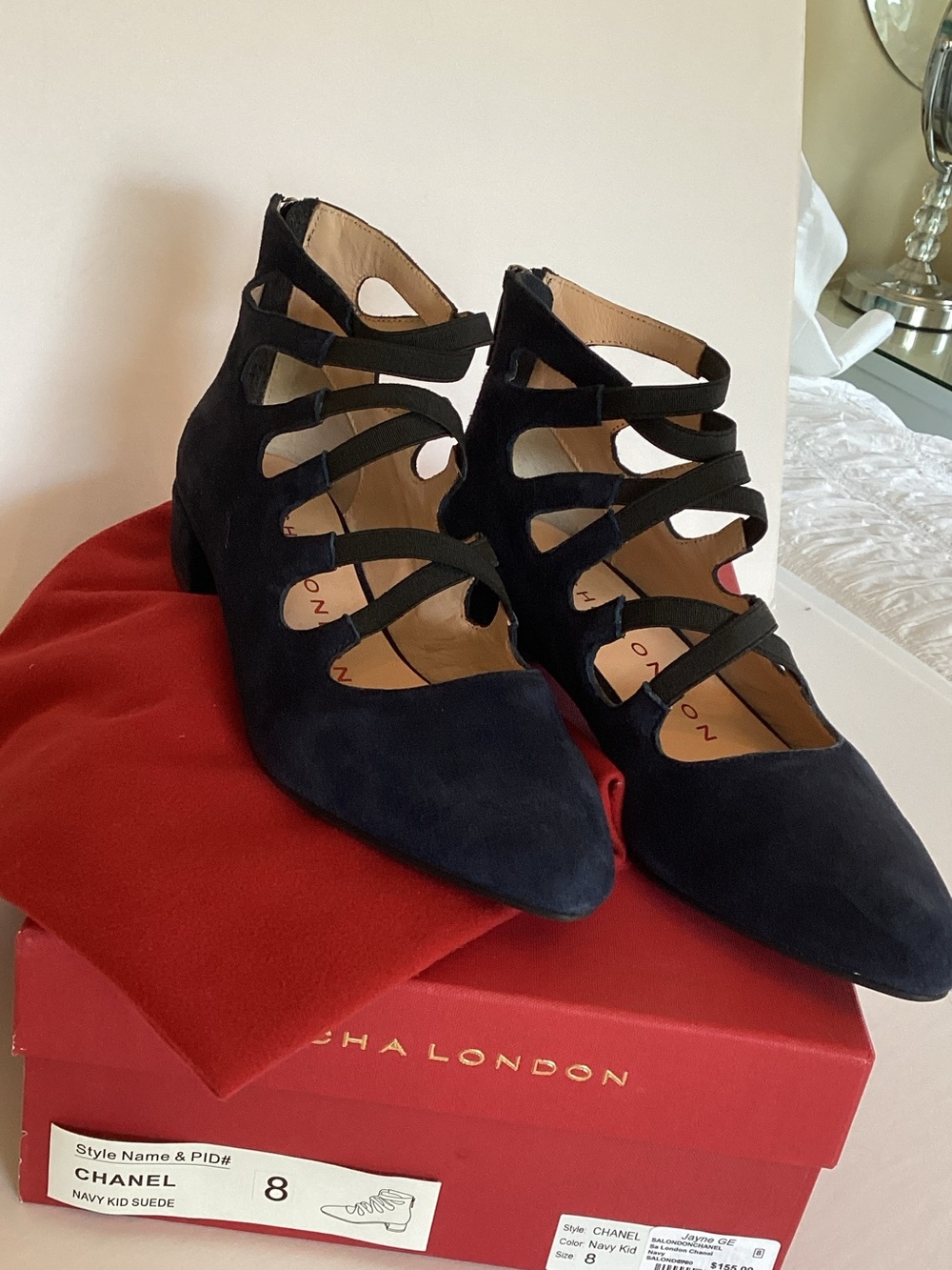 Sacha London Chanel Navy Kid suede Strappy Pointed-Toe Flats